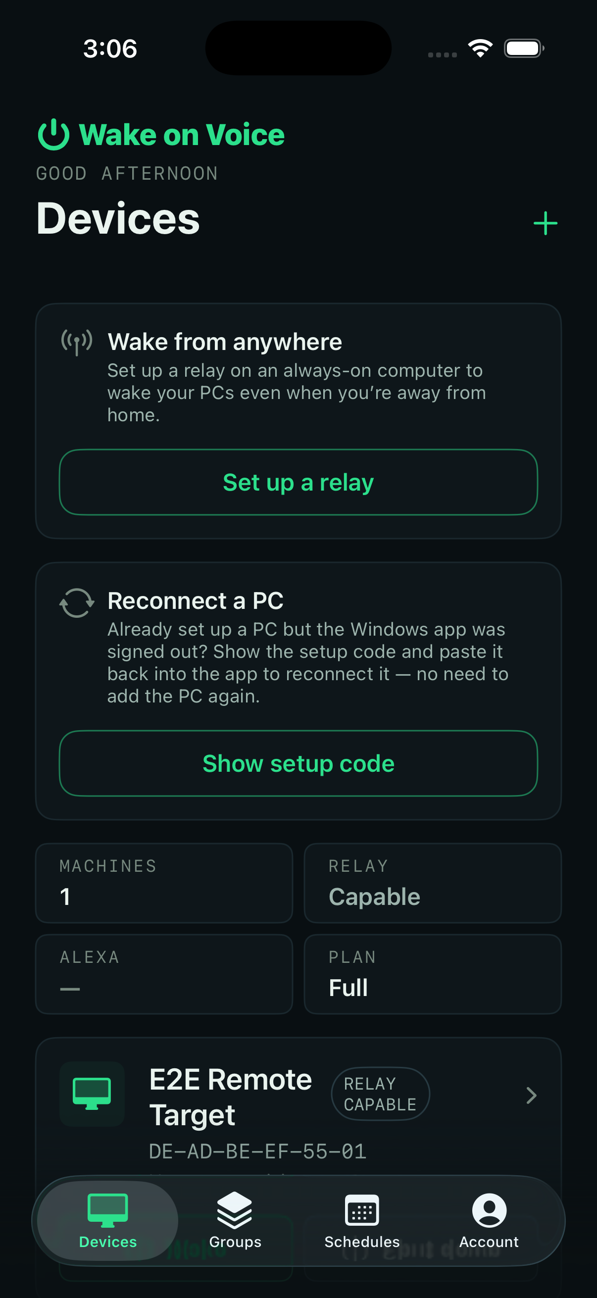 The Wake on Voice iOS app showing your paired PCs, ready to wake or shut down from your iPhone.